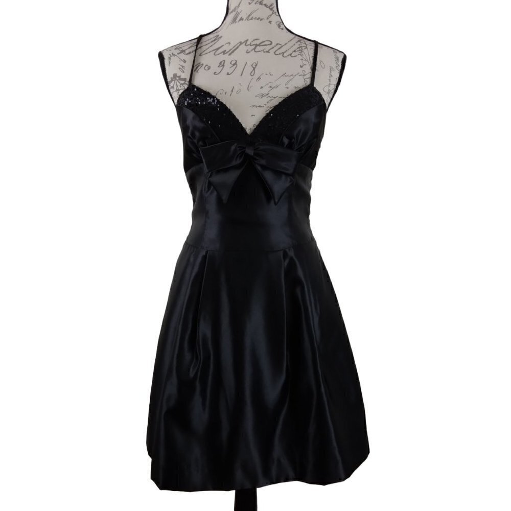 Gunne Sax | Vintage 80's Black Satin Sequin Party Dress Spaghetti Strap | Size 9